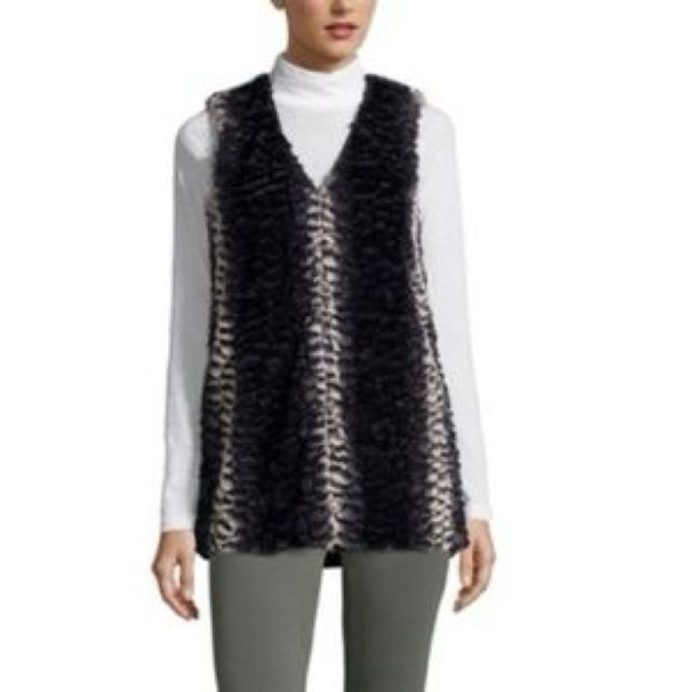 Cupio Faux Fur Vest in Black & Cream Vertical Animal Print Hook Closure Large